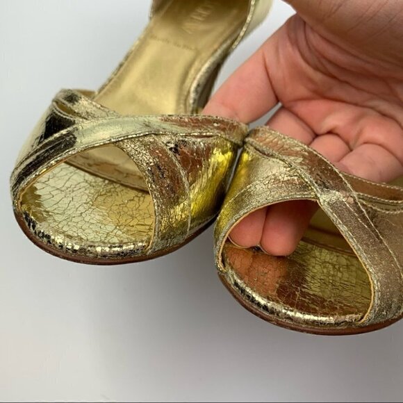 J crew heels size 6 gold Italian leather metallic peep toe party formal holiday - Picture 10 of 14